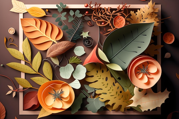 Ein Papierschnitt aus einer Vielzahl von Blättern und Früchten
