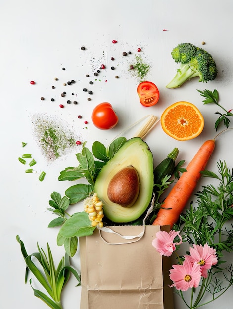 Ein Papiertüte mit Gemüse und Obst drinnen auf der rechten Seite ist ein avocado-grünes L