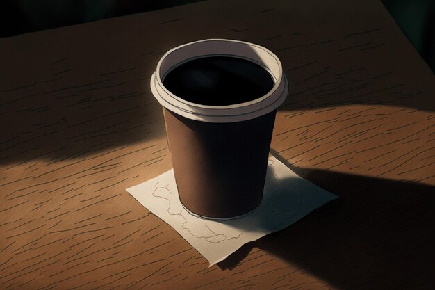 Ein Pappbecher mit schwarzem Kaffee von oben auf einem Holztisch