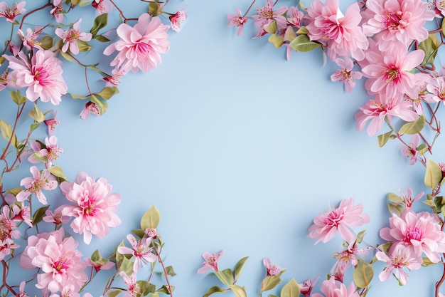 ein Papprahmen mit rosa Blumen auf hellblauem Hintergrund