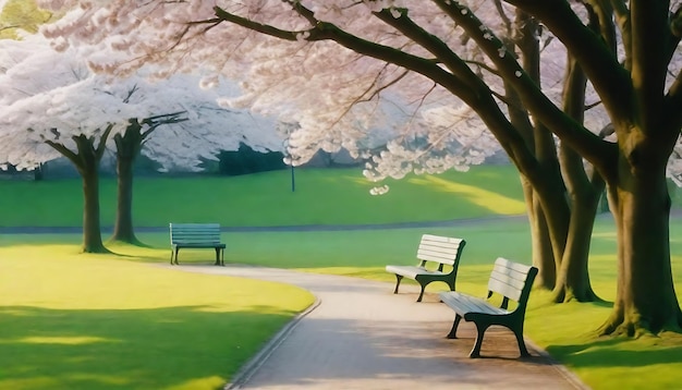 ein Park mit Bänken und einem Baum mit den Worten Kirschblüten darauf