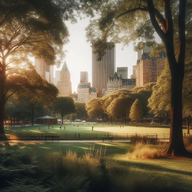 Foto ein park mit einer stadt-skyline im hintergrund