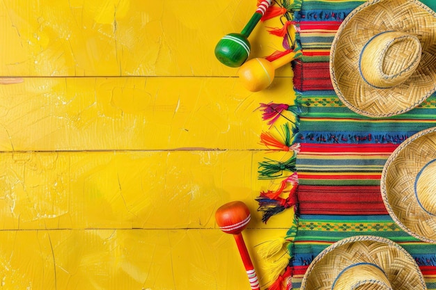 ein Party-Hintergrund zeigt ein mexikanisches Festthema mit Maracas und Sombrero-Hüten auf einem gelben Banner