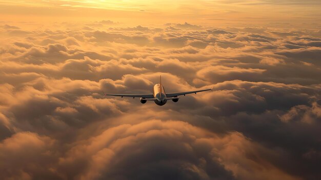 Ein Passagierflugzeug fliegt bei Sonnenuntergang durch die Wolken. Die Silhouette des Flugzeugs steht vor dem leuchtend orangefarbenen Himmel.