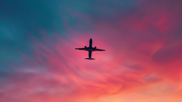 Ein Passagierflugzeug steigt in einen lebendigen Sonnenuntergang auf, dessen Silhouette von den bunten Farbtönen der Dämmerung umrahmt wird und die Reise zu neuen Horizonte symbolisiert