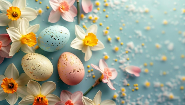 Ein pastellfarbener Hintergrund mit Ostereiern und Blumen
