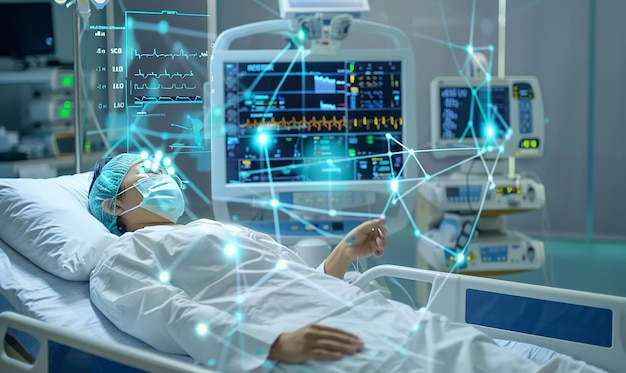 ein Patient liegt in einem Krankenhausbett mit einem blauen Licht an der Decke