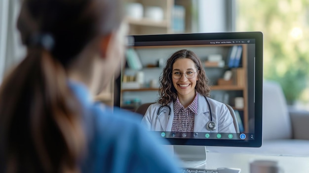 Ein Patient nimmt an einem Telemedizin-Auftritt teil und erhält eine medizinische Beratung von einem lächelnden Arzt auf dem Bildschirm, der die Bequemlichkeit der virtuellen Gesundheitsversorgung zeigt