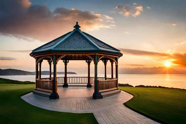 Ein Pavillon am Meer mit einem Sonnenuntergang im Hintergrund