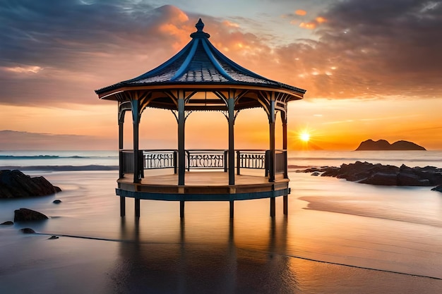 Ein Pavillon mit einem Sonnenuntergang im Hintergrund