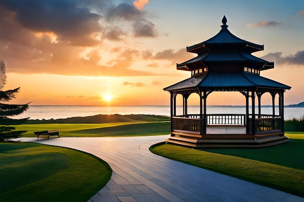 Ein Pavillon mit einem Sonnenuntergang im Hintergrund