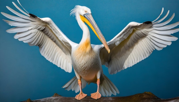 Ein Pelikan steht mit ausgestreckten Flügeln auf blauem Hintergrund
