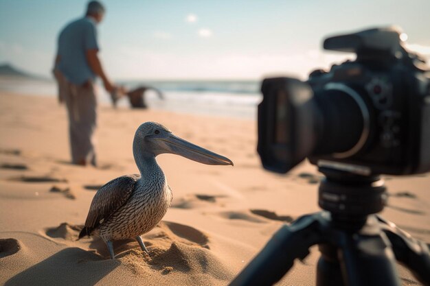 Ein Pelikan steht neben einer Kamera am Strand.