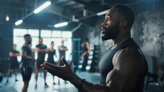 Foto ein persönlicher trainer gibt instruktionen an eine gruppe von menschen in einem fitnessstudio. er steht vor ihnen und sie alle schauen ihn an.