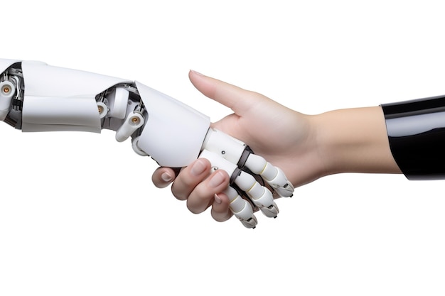 ein Personenhändedruck mit digitaler Transformation der künstlichen Intelligenz des Roboters auf weißem Hintergrund