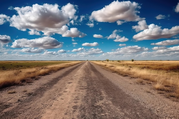 Ein Pfad an der Seite des Erdfeldes verläuft unter blauem Himmel und weißen Wolken. Hochwertiges Foto