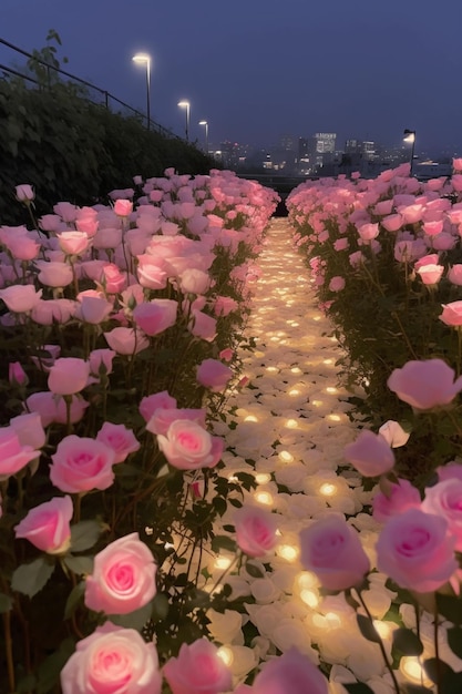 Ein Pfad aus Rosen mit Lichtern im Hintergrund