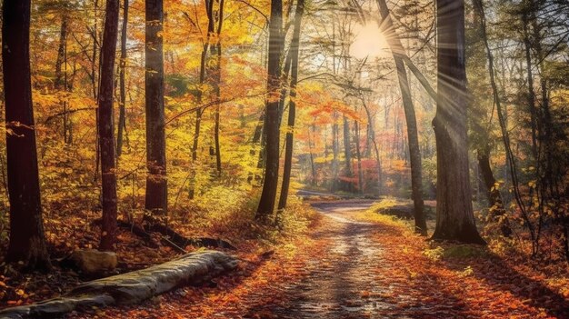 Ein Pfad durch den Wald, auf den die Sonne scheint.