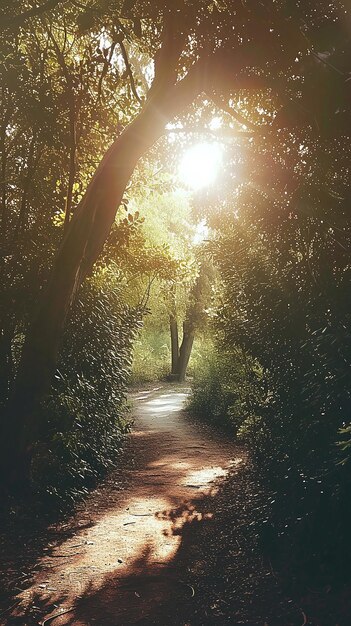 Ein Pfad durch einen Wald mit schimmerndem Sonnenlicht