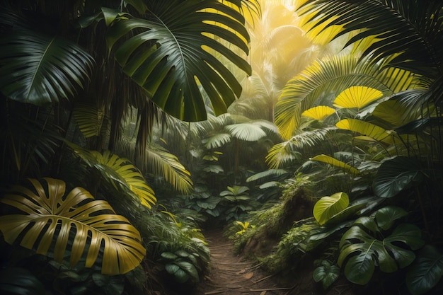 Ein Pfad im tropischen Regenwald mit Palmen und Pfad im Nebel