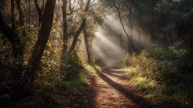 Ein Pfad im Wald, auf dem die Sonne durch die Bäume scheint