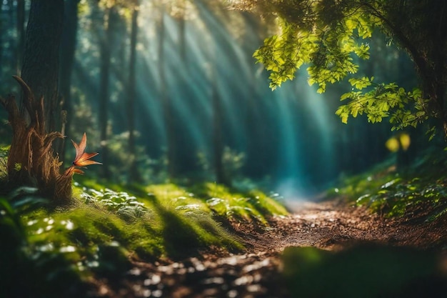 ein Pfad im Wald mit einem Blatt, das Herbst sagt