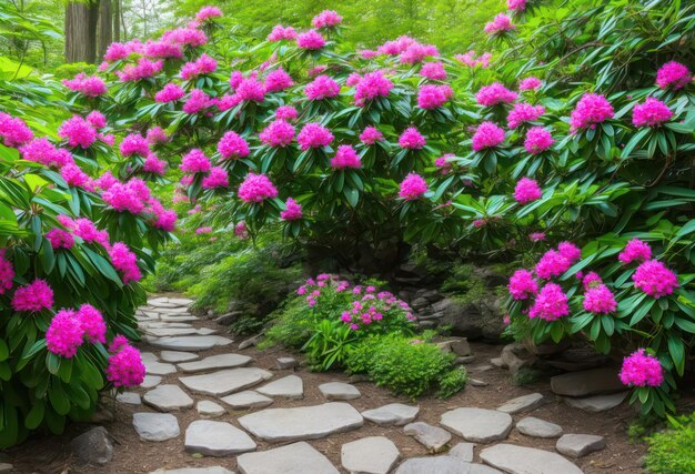 Ein Pfad in einem Garten mit einem rosa Rhododendron im Hintergrund.