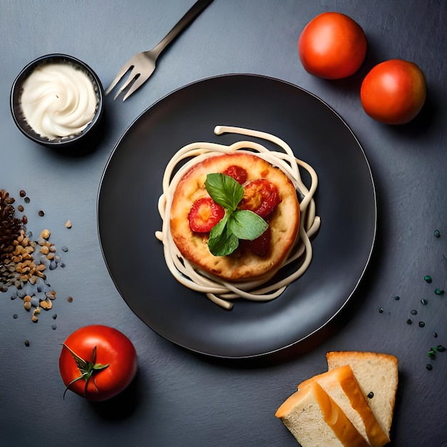 Ein Pfannkuchen mit Erdbeeren und ein Teller mit Essen mit einem Leck und einem Leck