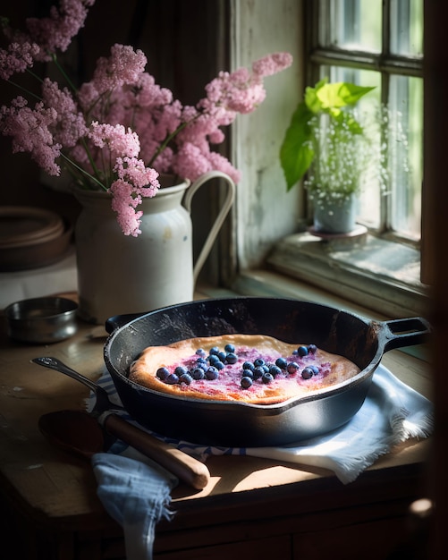 Ein Pfannkuchen mit Heidelbeeren steht vor einem Fenster mit einem Blumentopf.