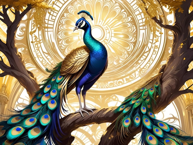 ein Pfau, der auf einem Baum sitzt, Pfau, exquisite digitale Kunst, goldene Federn, wunderschöne Kunst