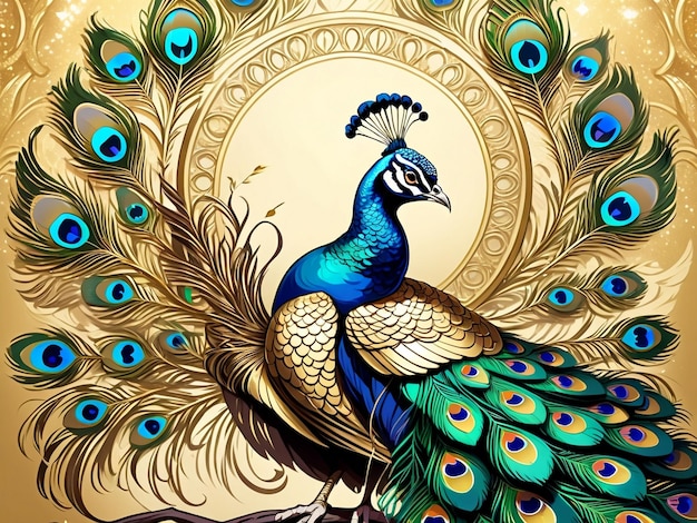 ein Pfau, der auf einem Baum sitzt, Pfau, exquisite digitale Kunst, goldene Federn, wunderschöne Kunst