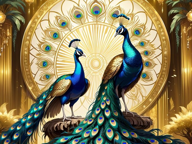 ein Pfau, der auf einem Baum sitzt, Pfau, exquisite digitale Kunst, goldene Federn, wunderschöne Kunst