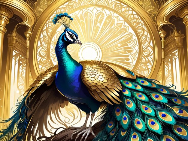 ein Pfau, der auf einem Baum sitzt, Pfau, exquisite digitale Kunst, goldene Federn, wunderschöne Kunst