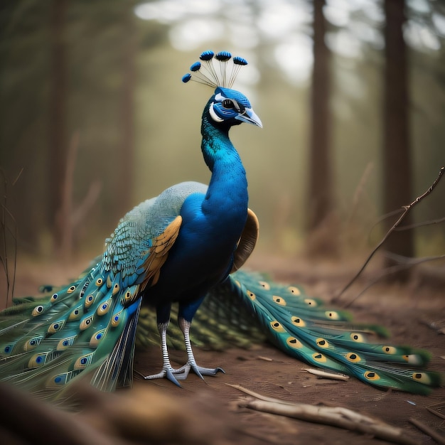 Ein Pfau mit blauem Schwanz steht im Wald