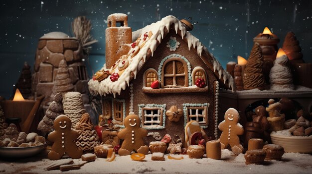 Ein Pfefferbrötchenhaus in einem Winterwunderland Eine süße und festliche Szenerie Weihnachts Pfeferbrötchenhause Pfeffer brötchenhaus mit weihnachtlicher Dekoration
