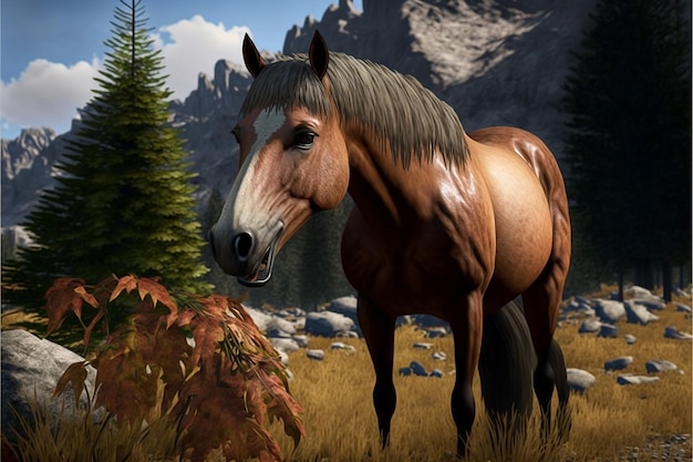 Ein Pferd auf einem Feld mit Bergen im Hintergrund
