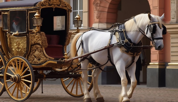 Ein Pferd, das eine Kutsche mit einem Schild mit der Aufschrift „königlich“ zieht.