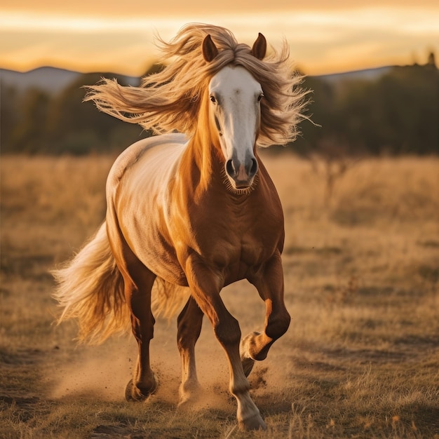 Ein Pferd galoppiert bei Sonnenuntergang frei über ein offenes Feld