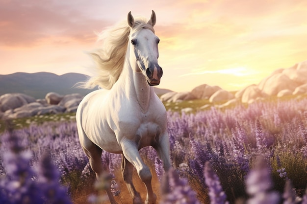 Ein Pferd galoppiert durch ein Lavendelfeld in einer faszinierenden Szene