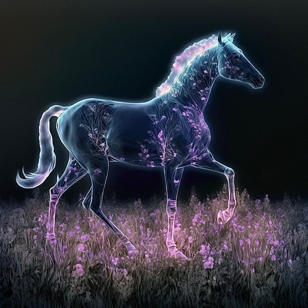 Ein Pferd geht auf einem Feld mit lila Blumen spazieren.