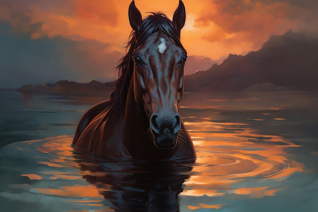 ein Pferd im Wasser mit Bergen im Hintergrund