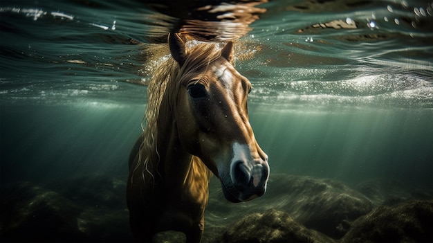 Ein Pferd ist unter Wasser im Ozean und die Sonne scheint darauf.