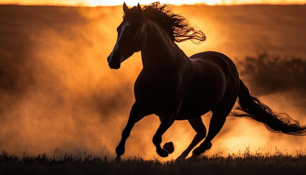 Ein Pferd läuft durch einen Sonnenuntergang