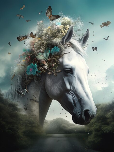 ein Pferd mit Blumen auf dem Kopf und den Wörtern Blumen darauf