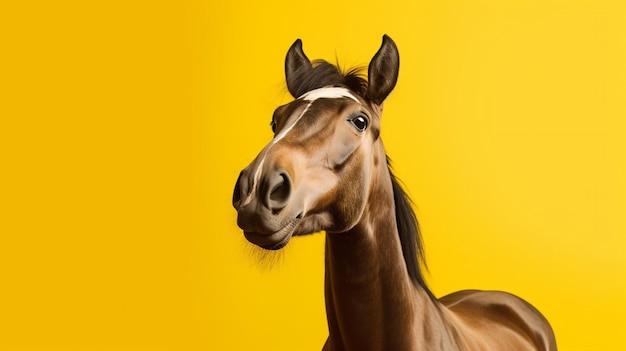 Ein Pferd mit einem lustigen Gesicht auf einem gelben Hintergrund