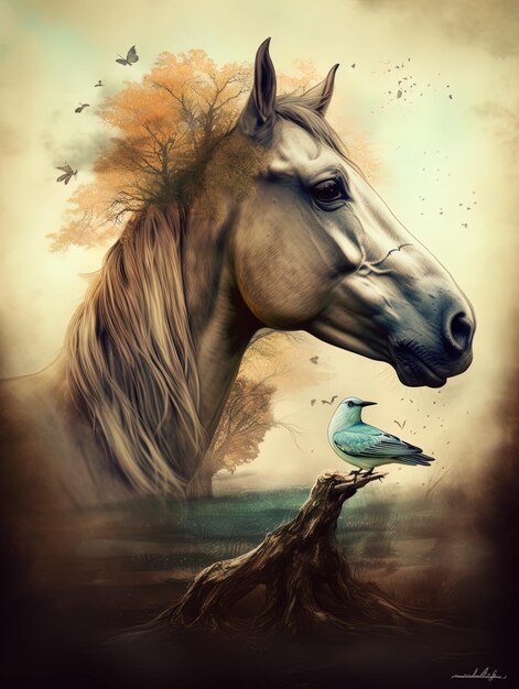 ein Pferd mit einem Vogel auf dem Kopf schaut auf einen Vogel