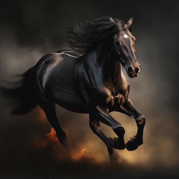 Ein Pferd mit einem weißen Fleck im Gesicht läuft vor einem dunklen Hintergrund. Generative KI
