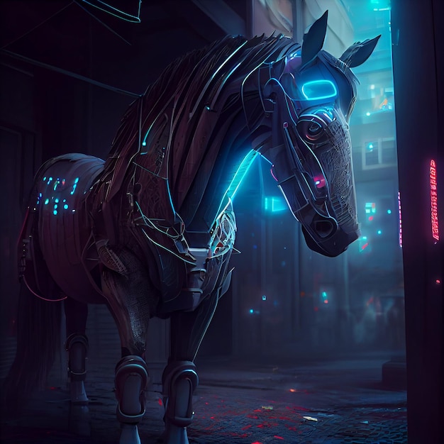 Ein Pferd mit einer Leuchtreklame mit der Aufschrift „Cyberpunk“.