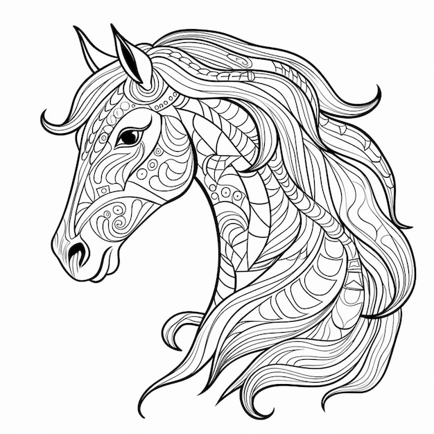 Ein Pferd mit langen Mähnen und einer langen Mähne wird in einem Malbuch mit generativer KI gezeichnet