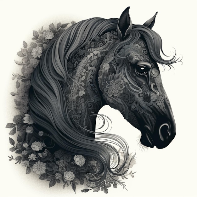 Ein Pferd mit schwarzer Mähne und Blumen darauf.